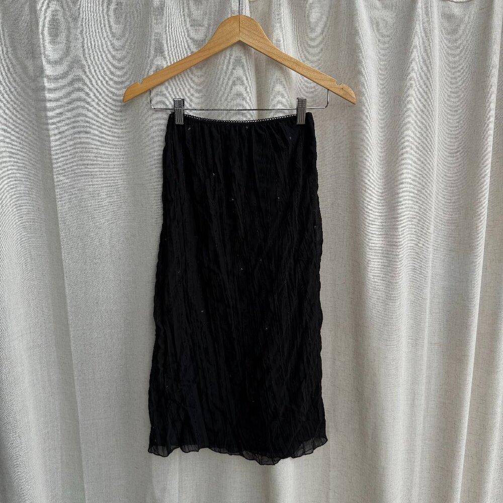 Black Mesh Beaded Midi Skirt – Sheer Overlay – Size M 8–10